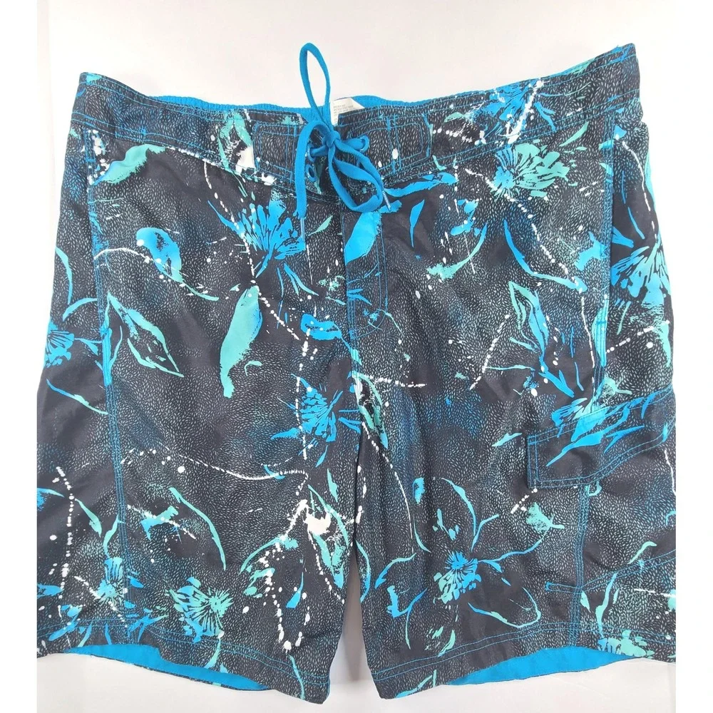 Speedo Swim Trunks Shorts Mens Large Black Blue Floral Mesh Lined Resort Summer